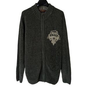 Maxini Men’s Vintage Olive Green Acrylic Chenille Full Zip Sweater Jacket Sz L